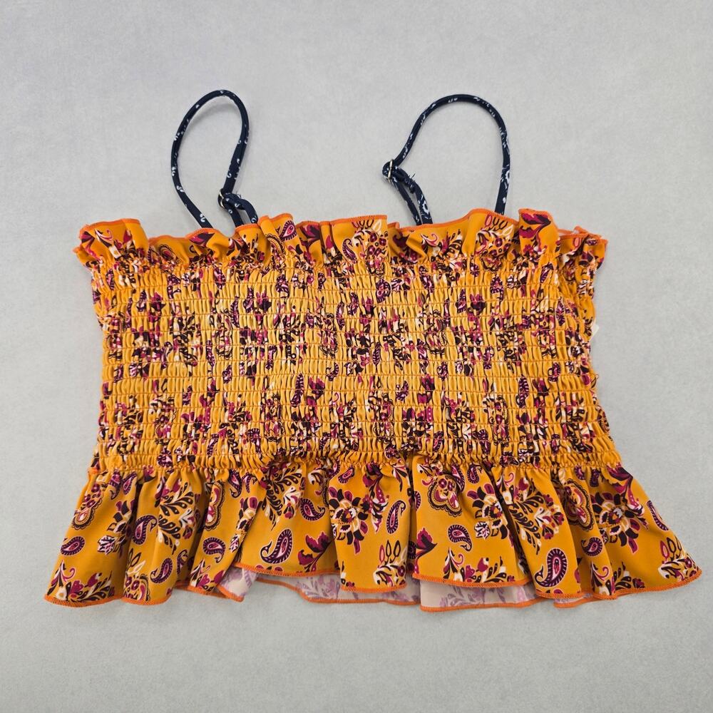 Yellow Floral Crop Smock Boho Tube Ruffle Y2K Bikini‎ Bralette Swim Top M Medium